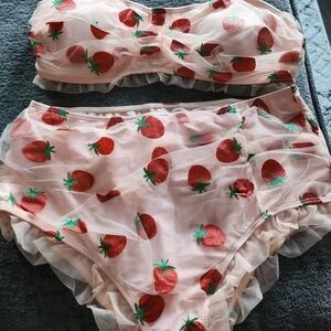 Strawberry Print Sheer Lingerie Set - Pink